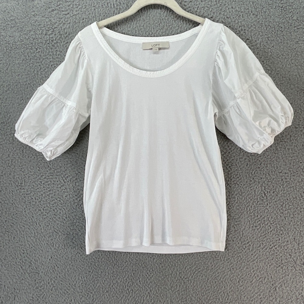 LOFT Puff Sleeve Top Womens Medium White Excellent Ribbed Mixed Media Scoop Neck